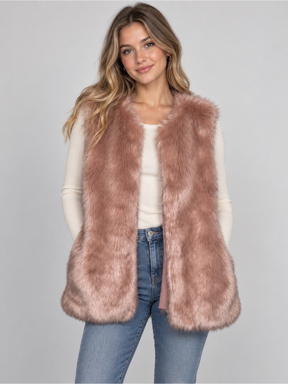 Zara Trafaluc Blush Pink Faux Fur Vest Hook & Eye Pockets Sz Small
